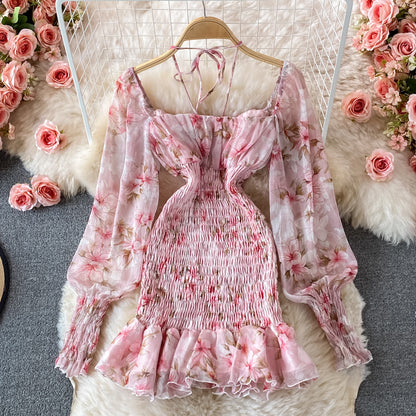 Pink Floral Skinny Dress Long Sleeve Dress Sexy Dress RF0242