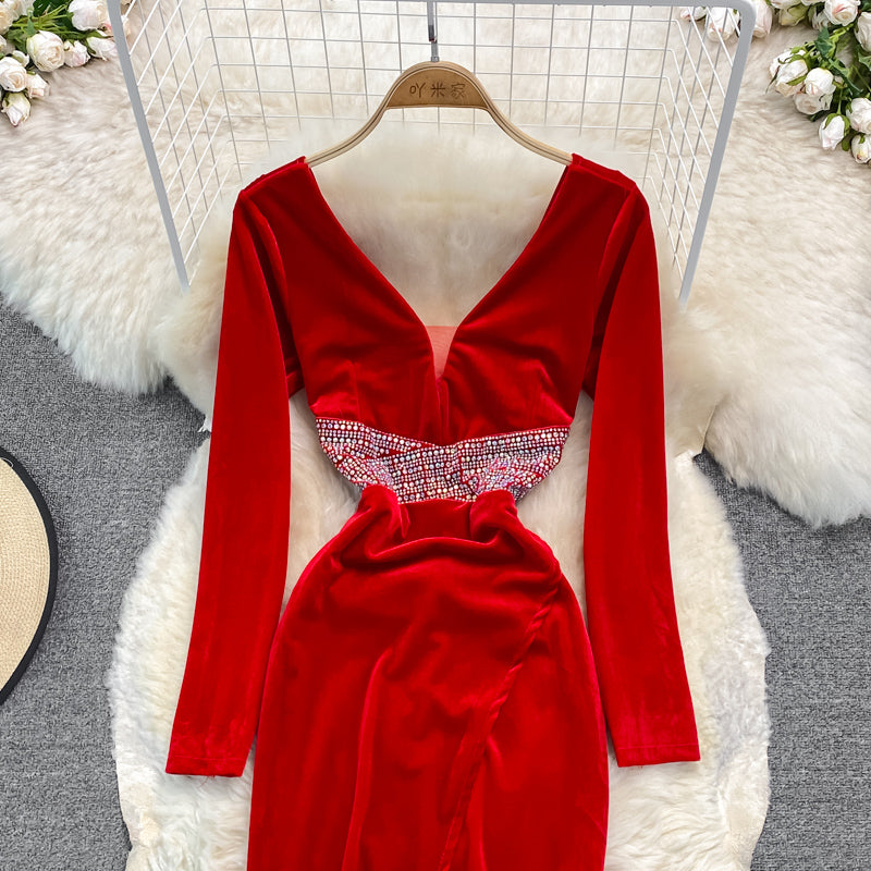 Sexy V Neck Velvet Beads Dress Fashion Dress RF0239