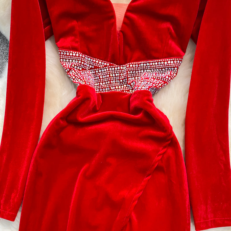 Sexy V Neck Velvet Beads Dress Fashion Dress RF0239