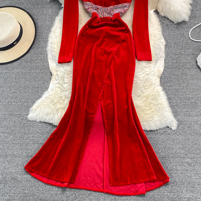 Sexy V Neck Velvet Beads Dress Fashion Dress RF0239