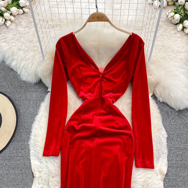 Sexy V Neck Velvet Beads Dress Fashion Dress RF0239