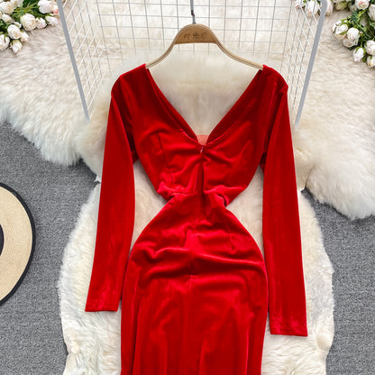 Sexy V Neck Velvet Beads Dress Fashion Dress RF0239