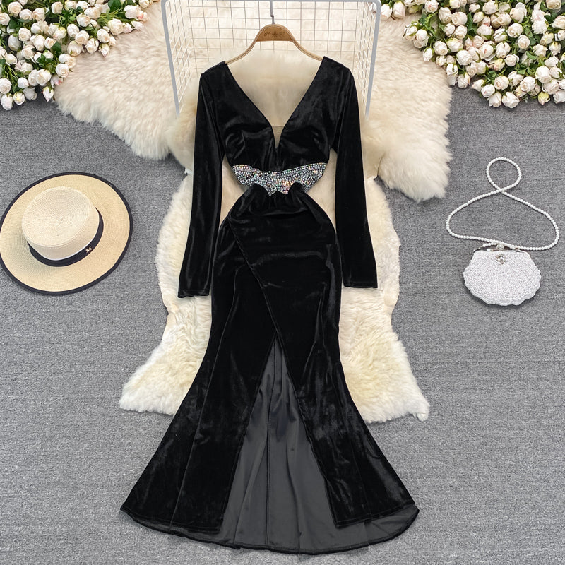 Sexy V Neck Velvet Beads Dress Fashion Dress RF0239