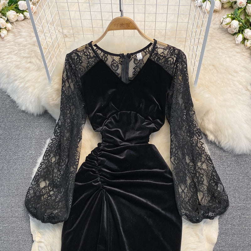 Black V Neck Velvet Dress Long Sleeve Dress RF0237