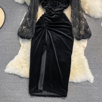 Black V Neck Velvet Dress Long Sleeve Dress RF0237