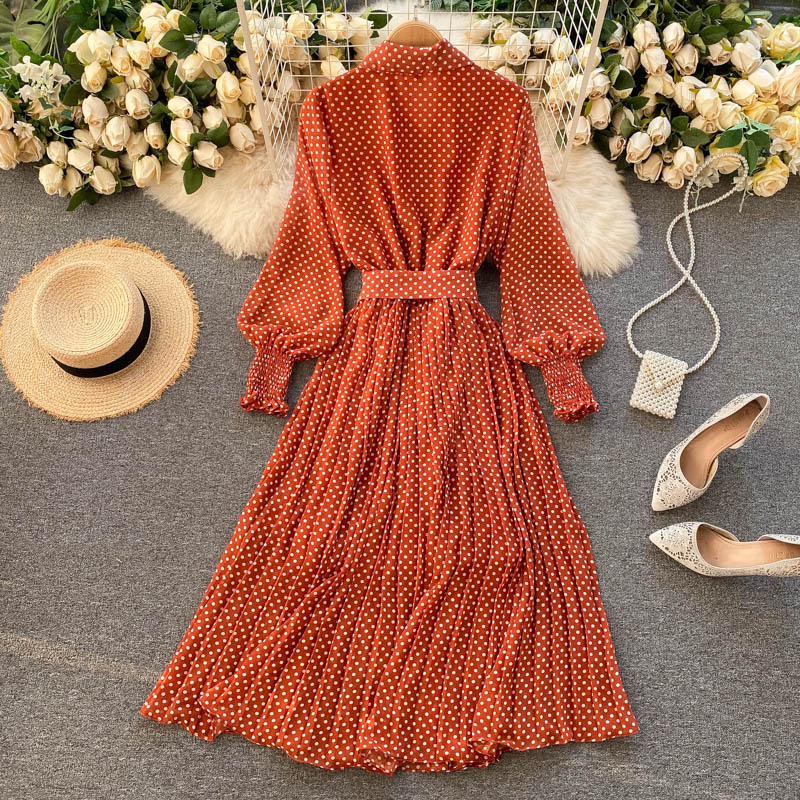 Modisches A-Linie Polka Dot Langarmkleid Fashion Dress RF0236