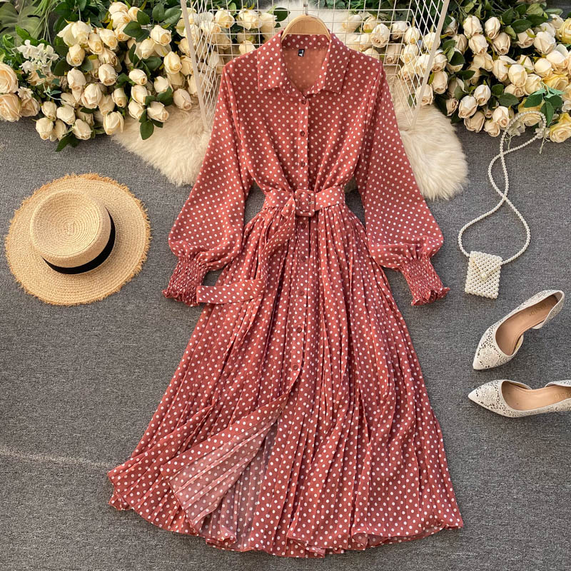 Modisches A-Linie Polka Dot Langarmkleid Fashion Dress RF0236