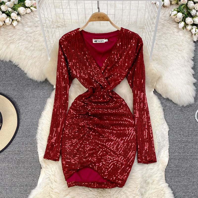Sexy V Neck Sequins Short Dress Fashion Dress RF0234