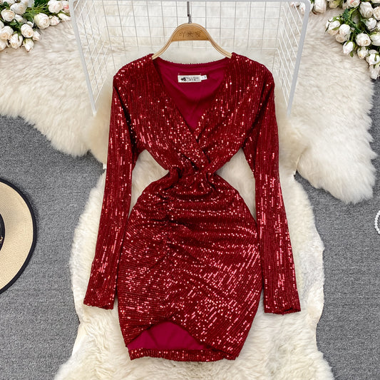 Sexy V Neck Sequins Short Dress Fashion Dress RF0234