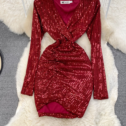Sexy V Neck Sequins Short Dress Fashion Dress RF0234