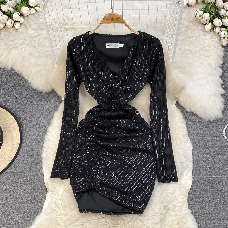 Sexy V Neck Sequins Short Dress Fashion Dress RF0234