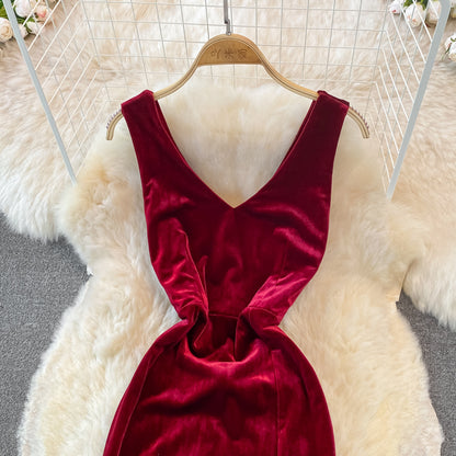 Sexy V Neck Velvet Long Dress Velvet Mermaid Dress RF0233