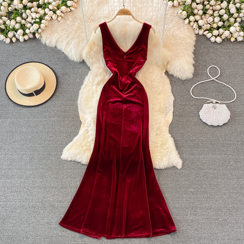 Sexy V Neck Velvet Long Dress Velvet Mermaid Dress RF0233