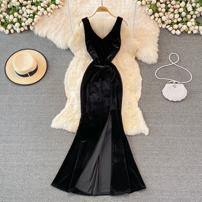 Sexy V Neck Velvet Long Dress Velvet Mermaid Dress RF0233