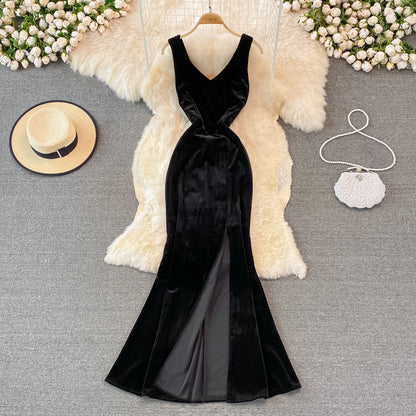 Sexy V Neck Velvet Long Dress Velvet Mermaid Dress RF0233