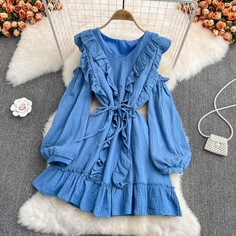 Blaues Langarmkleid mit V-Ausschnitt, modisches Kleid RF0231