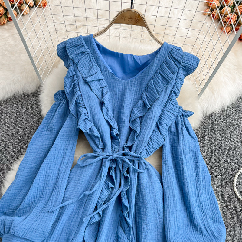 Blaues Langarmkleid mit V-Ausschnitt, modisches Kleid RF0231