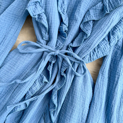 Blaues Langarmkleid mit V-Ausschnitt, modisches Kleid RF0231