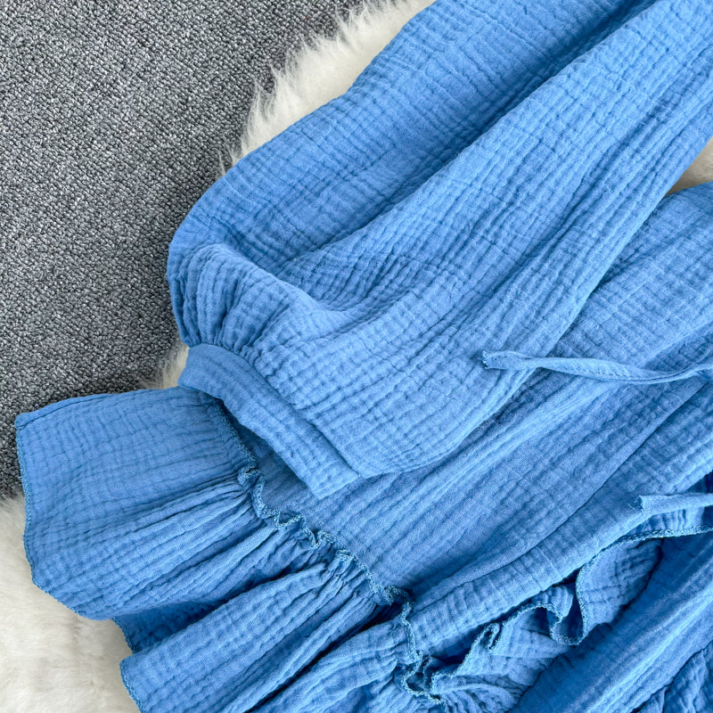 Blaues Langarmkleid mit V-Ausschnitt, modisches Kleid RF0231