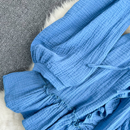 Blaues Langarmkleid mit V-Ausschnitt, modisches Kleid RF0231