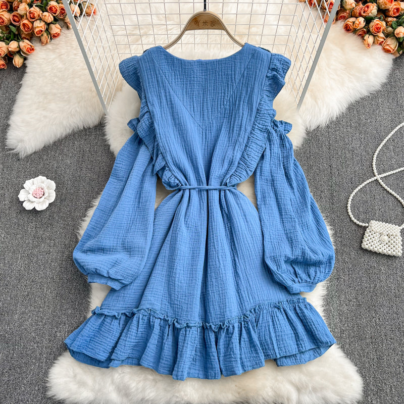 Blaues Langarmkleid mit V-Ausschnitt, modisches Kleid RF0231