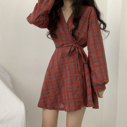 Cute V Neck Long Sleeve Plaid Dress Fashion Dress RF0225