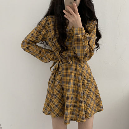 Cute V Neck Long Sleeve Plaid Dress Fashion Dress RF0225