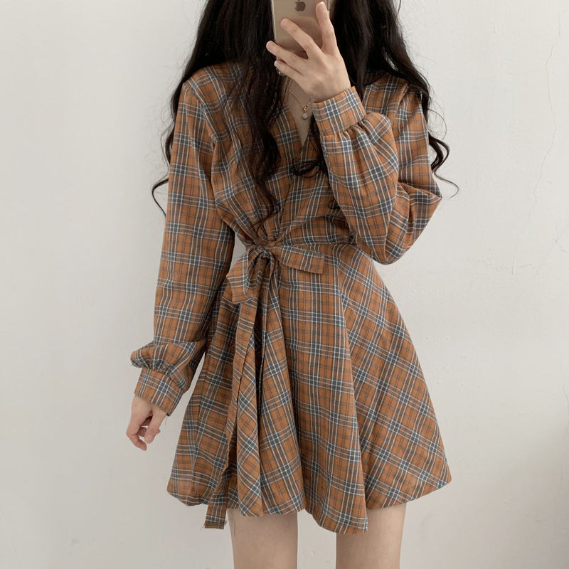 Cute V Neck Long Sleeve Plaid Dress Fashion Dress RF0225
