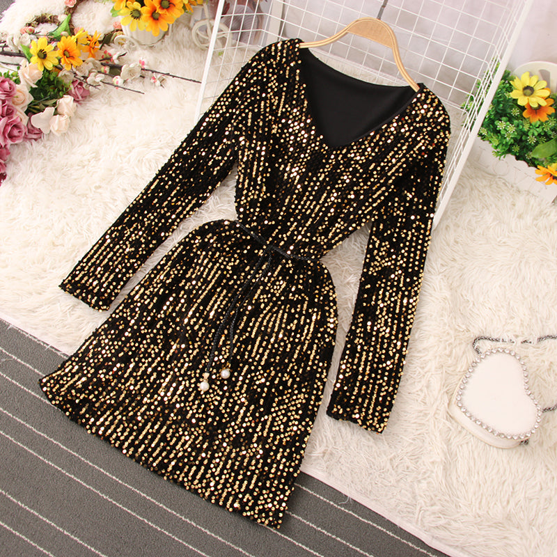 Glänzende Pailletten Kurzes Kleid Modekleid RF0224