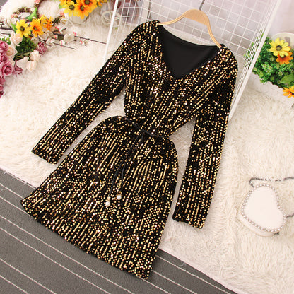 Glänzende Pailletten Kurzes Kleid Modekleid RF0224
