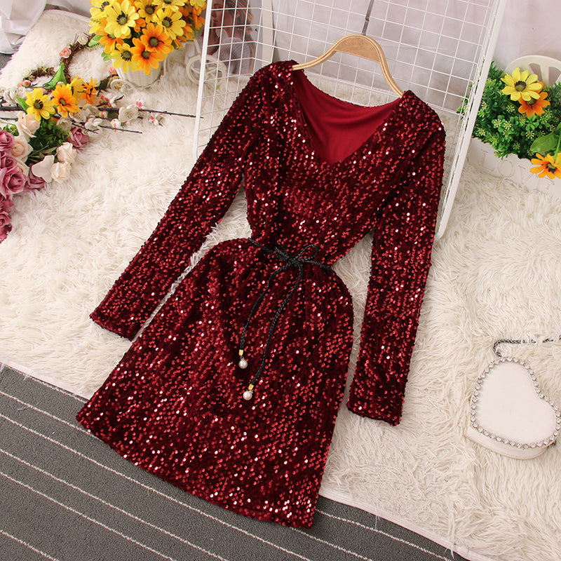 Glänzende Pailletten Kurzes Kleid Modekleid RF0224