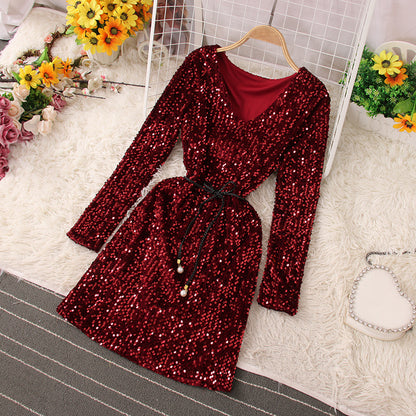 Glänzende Pailletten Kurzes Kleid Modekleid RF0224