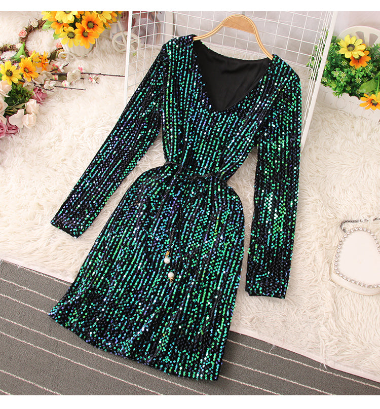 Glänzende Pailletten Kurzes Kleid Modekleid RF0224