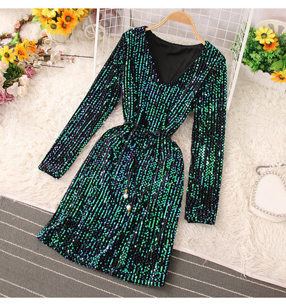 Glänzende Pailletten Kurzes Kleid Modekleid RF0224