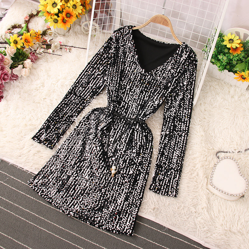 Glänzende Pailletten Kurzes Kleid Modekleid RF0224