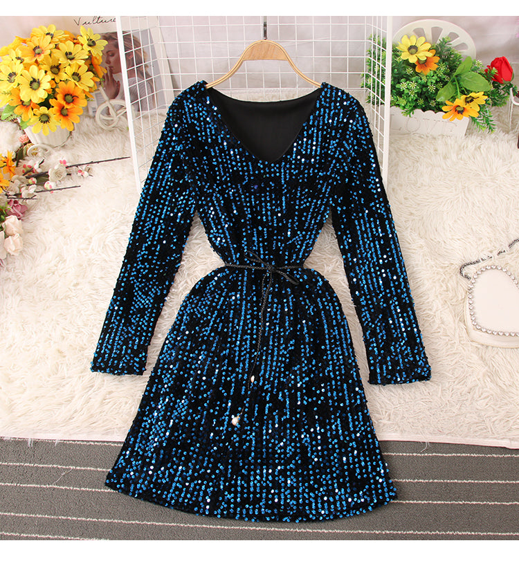 Glänzende Pailletten Kurzes Kleid Modekleid RF0224