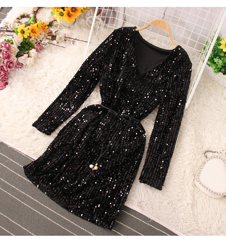 Glänzende Pailletten Kurzes Kleid Modekleid RF0224