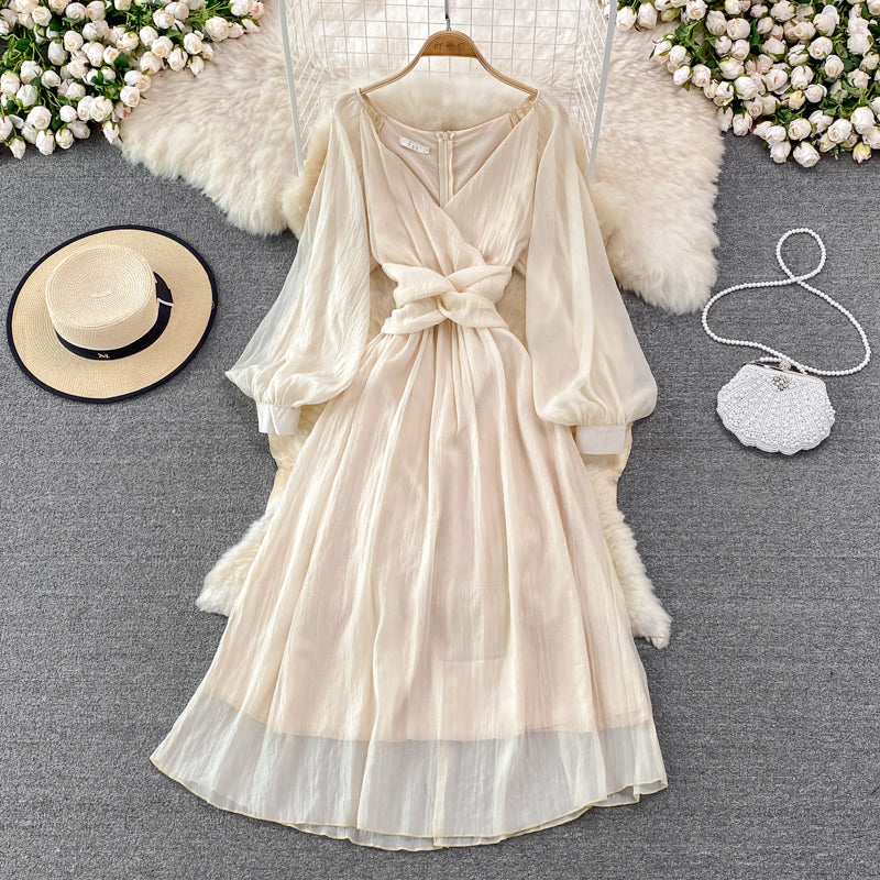 Champagne V Neck Long Sleeve Dress Fashion Dress RF0217