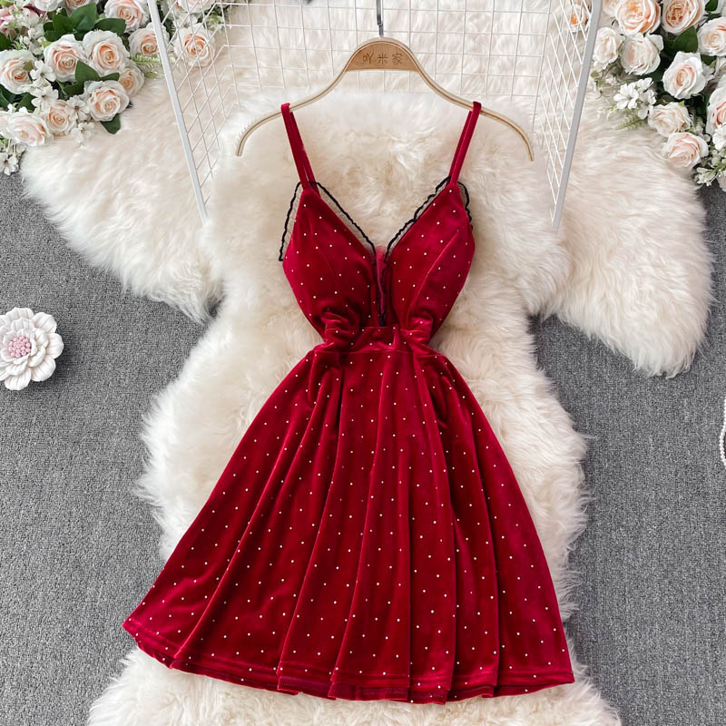 Robe courte sexy à col en V et coupe trapèze, RF0216