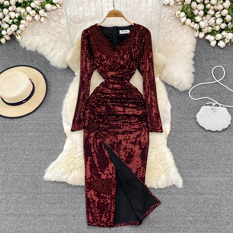 Sexy V Neck Sequins Long Sleeve Dress Fashion Dress RF0214