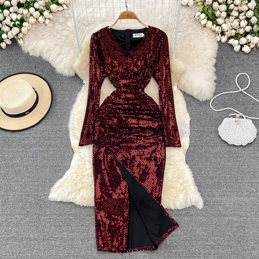 Sexy V Neck Sequins Long Sleeve Dress Fashion Dress RF0214