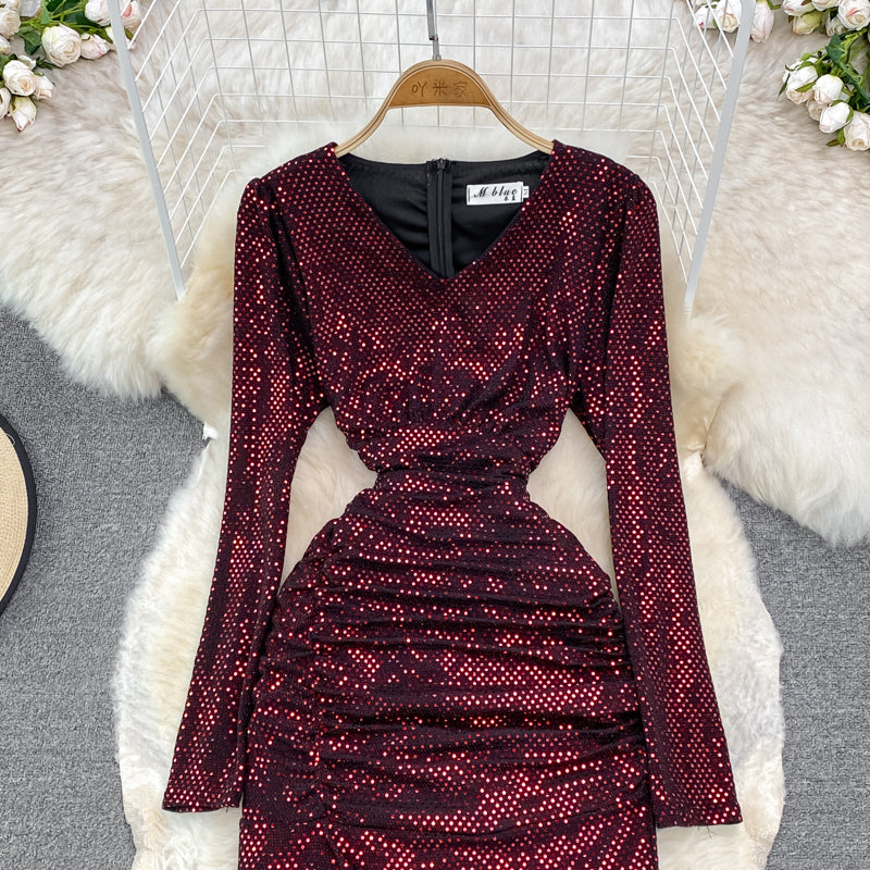 Sexy V Neck Sequins Long Sleeve Dress Fashion Dress RF0214