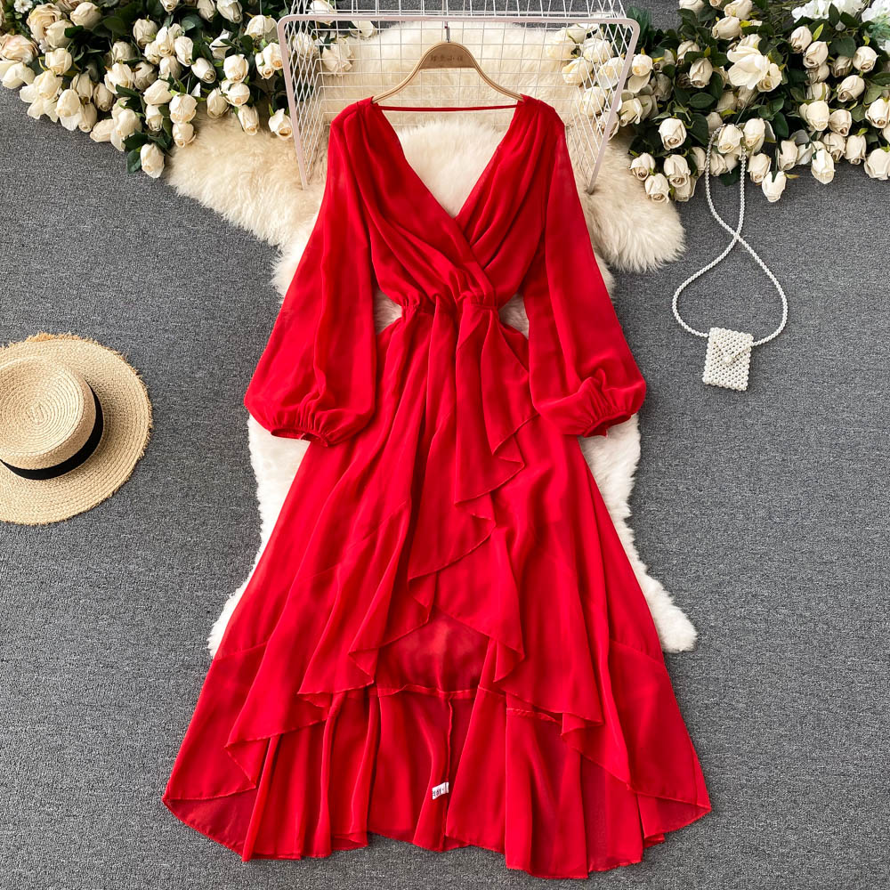 Red V Neck Chiffon Long Sleeve Dress A Line Fashion Dress RF0213