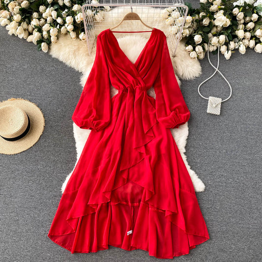 Red V Neck Chiffon Long Sleeve Dress A Line Fashion Dress RF0213