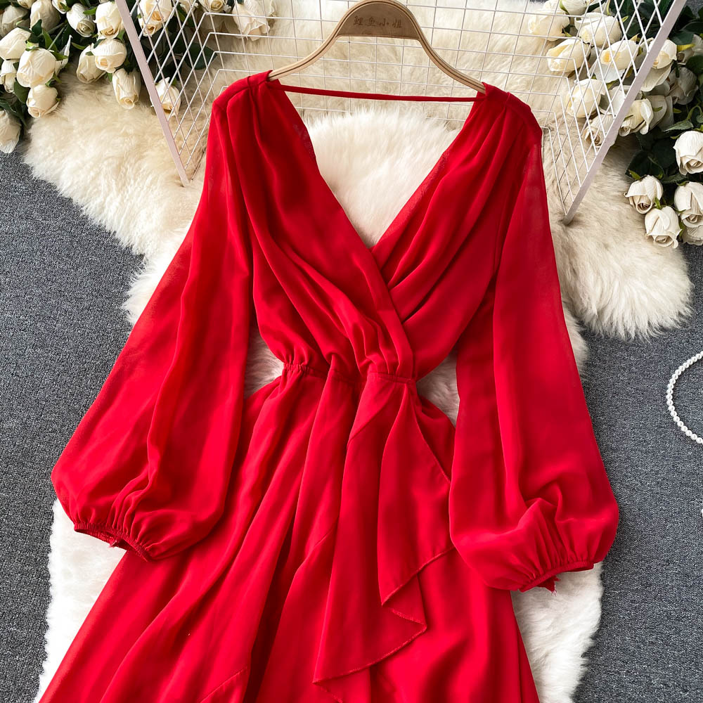Red V Neck Chiffon Long Sleeve Dress A Line Fashion Dress RF0213