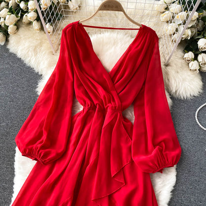 Red V Neck Chiffon Long Sleeve Dress A Line Fashion Dress RF0213