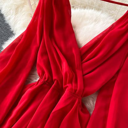 Red V Neck Chiffon Long Sleeve Dress A Line Fashion Dress RF0213