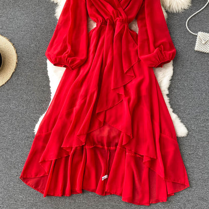 Red V Neck Chiffon Long Sleeve Dress A Line Fashion Dress RF0213
