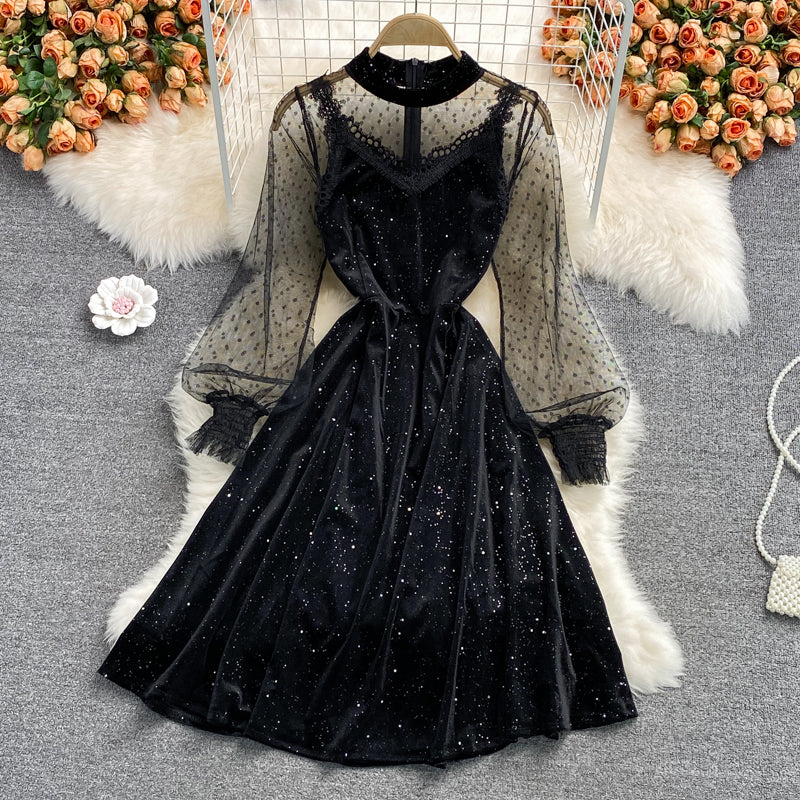 Black Velvet Lace Short Dress Black Fashion Dress RF0212
