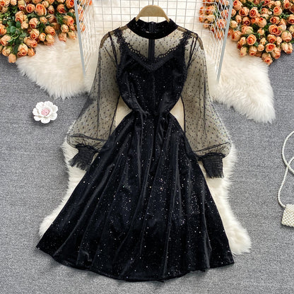 Black Velvet Lace Short Dress Black Fashion Dress RF0212